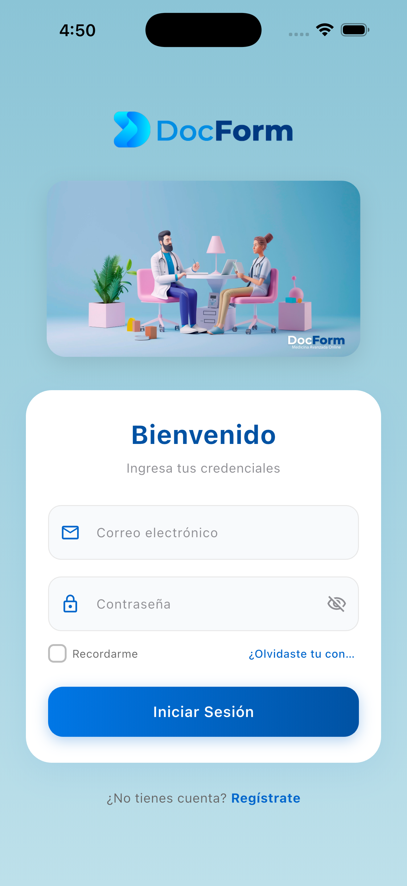 Pantalla real de inicio de sesión de DocForm en iPhone